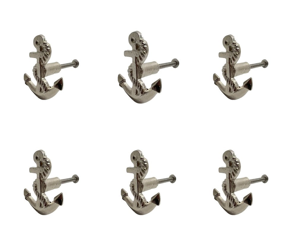 Set of Six Silver Nautical Anchor Metal Drawer Pull Knobs