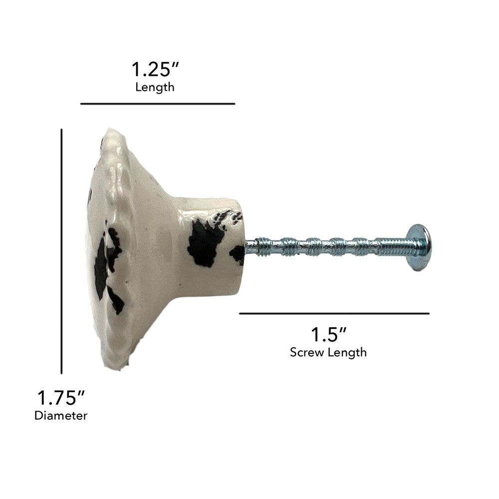 Set of Six Distressed White Ceramic Drawer Pull Knobs