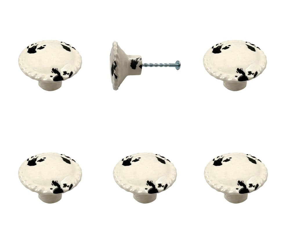 Set of Six Distressed White Ceramic Drawer Pull Knobs