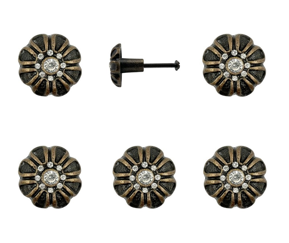 Set of Six Black And Gold Iron And Faux Crystal Scalloped Shape Drawer Pull Knobs