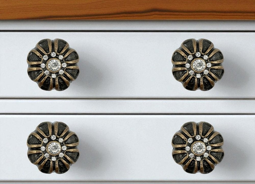 Set of Six Black And Gold Iron And Faux Crystal Scalloped Shape Drawer Pull Knobs