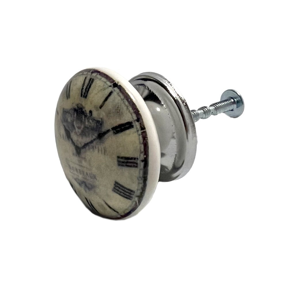 Set of Six Black And White Distressed Clock Face Ceramic Drawer Pull Knobs
