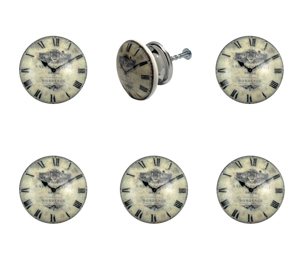 Set of Six Black And White Distressed Clock Face Ceramic Drawer Pull Knobs