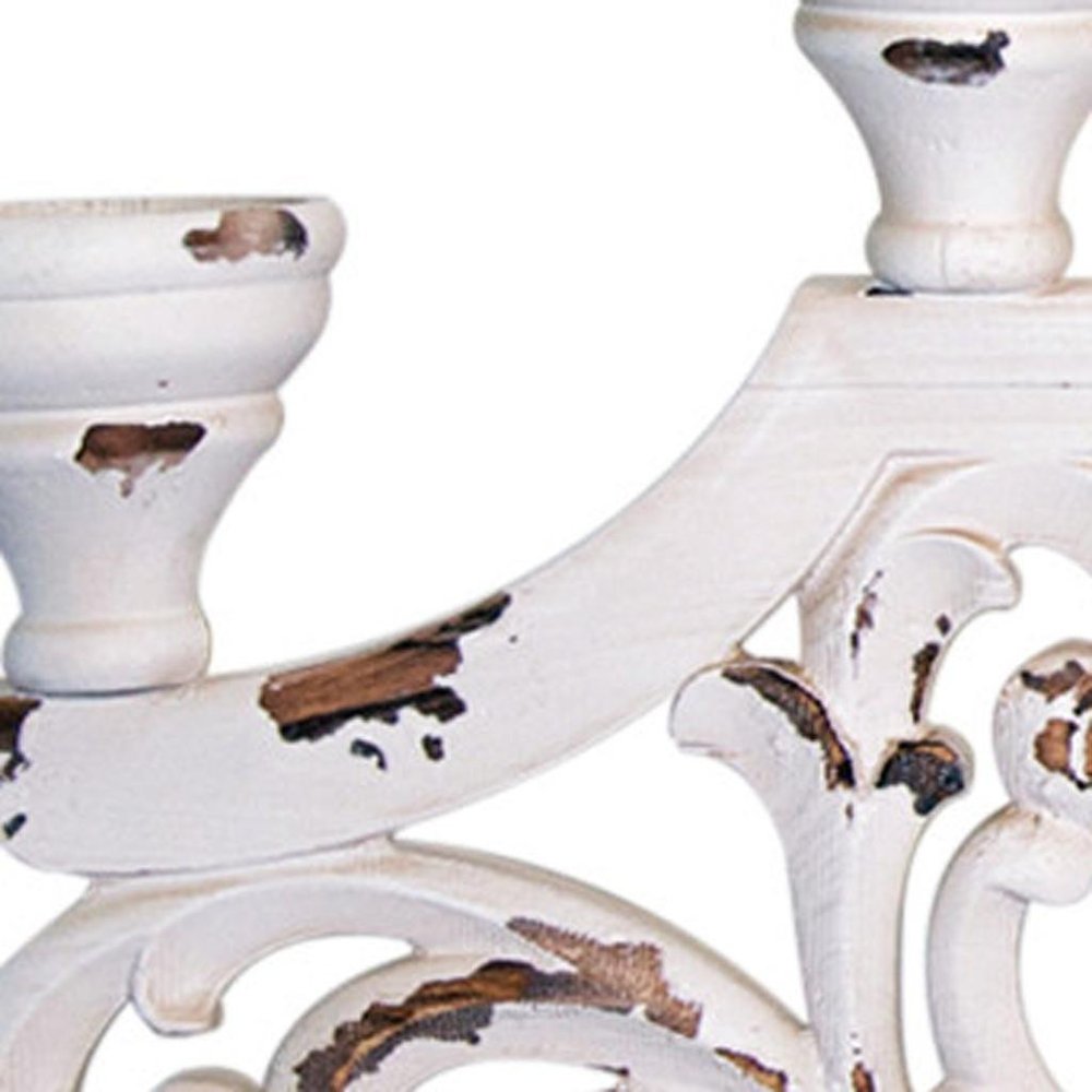 34" White Distressed Wood Tabletop Five Light Candelabra