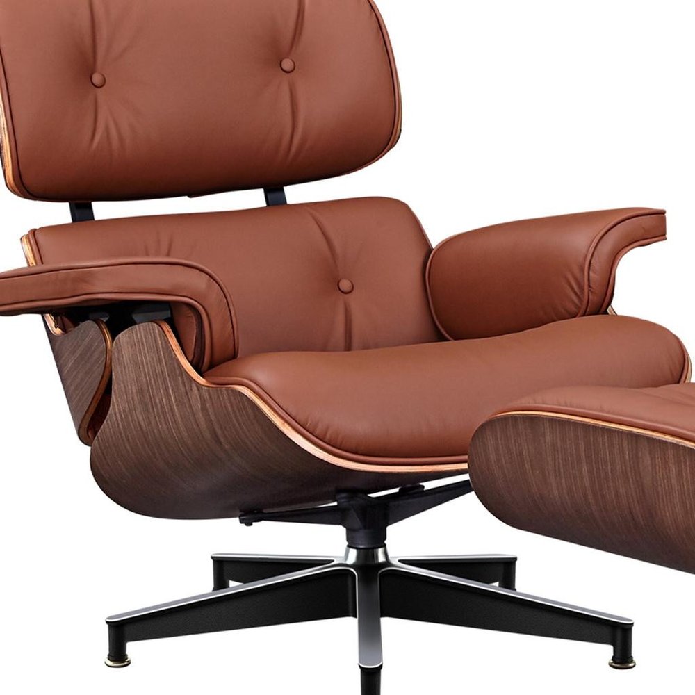 27" Brown and Light Brown Tufted Genuine Leather Swivel Lounge Chair With Ottoman