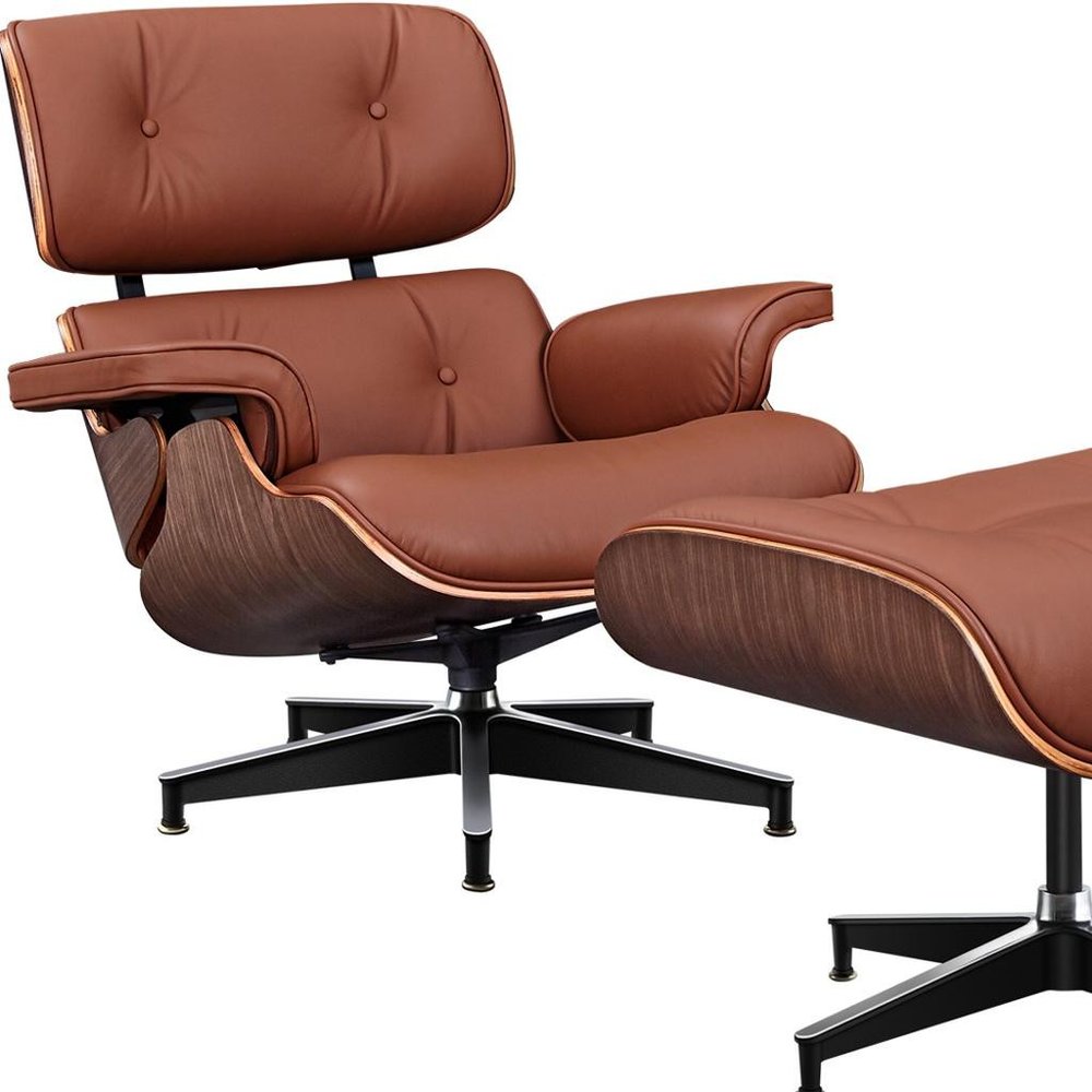 27" Brown and Light Brown Tufted Genuine Leather Swivel Lounge Chair With Ottoman