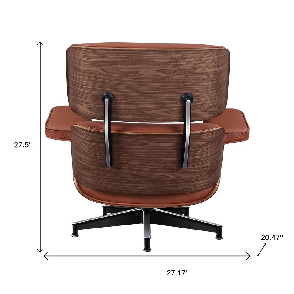 27" Brown and Light Brown Tufted Genuine Leather Swivel Lounge Chair With Ottoman