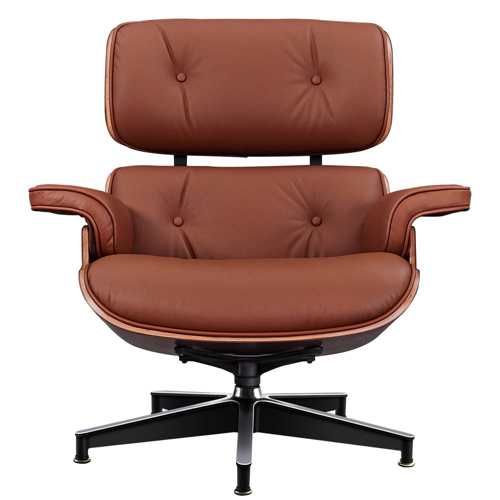 27" Brown and Light Brown Tufted Genuine Leather Swivel Lounge Chair With Ottoman