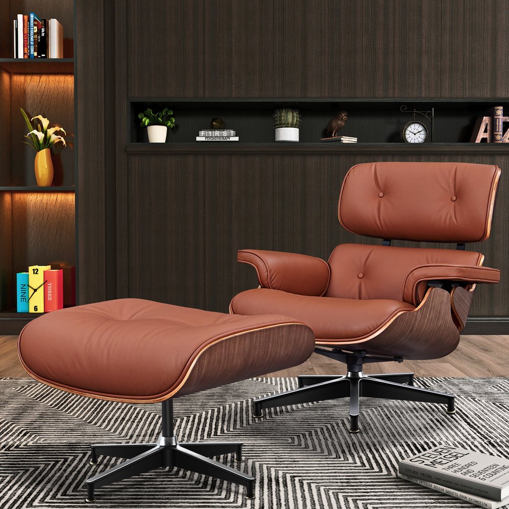 27" Brown and Light Brown Tufted Genuine Leather Swivel Lounge Chair With Ottoman