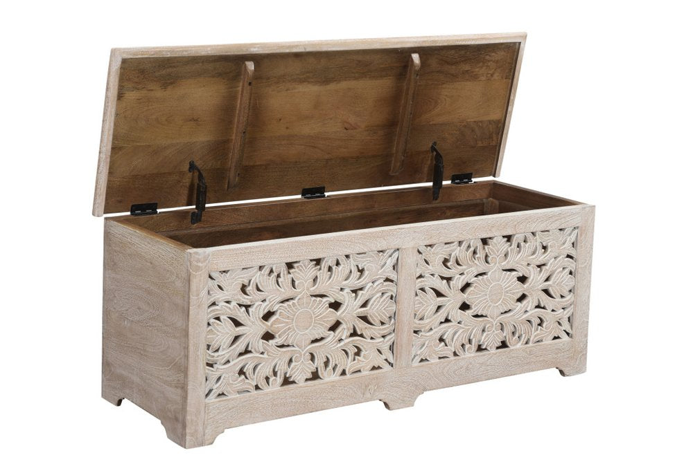 52" White Distressed Solid Wood Carved Floral Storage Ottoman