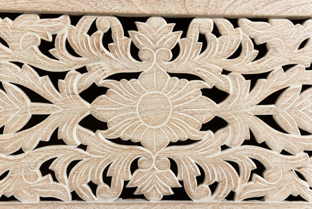 52" White Distressed Solid Wood Carved Floral Storage Ottoman