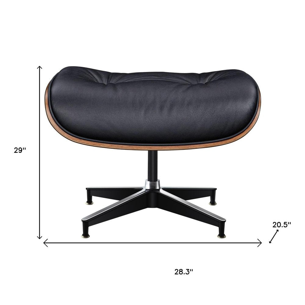 28" Black and Light Brown Tufted Genuine Leather Lounge Chair With Ottoman