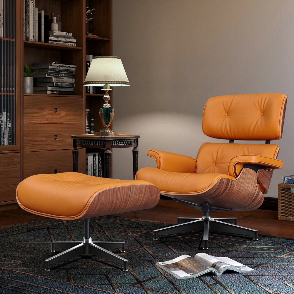 28" Orange and Light Brown Tufted Genuine Leather Lounge Chair With Ottoman