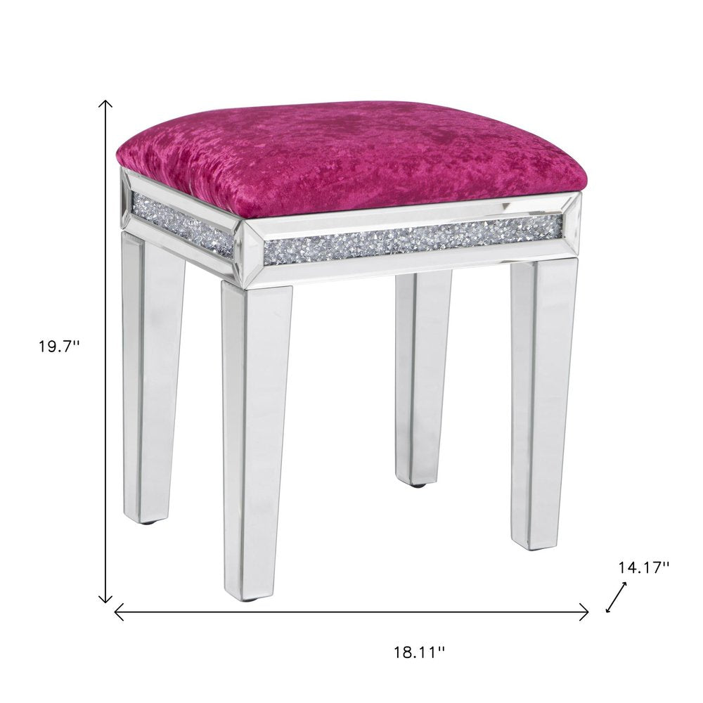 14" Pink and Silver Velvet Faux Crystal and Mirrored Glass Vanity Chair