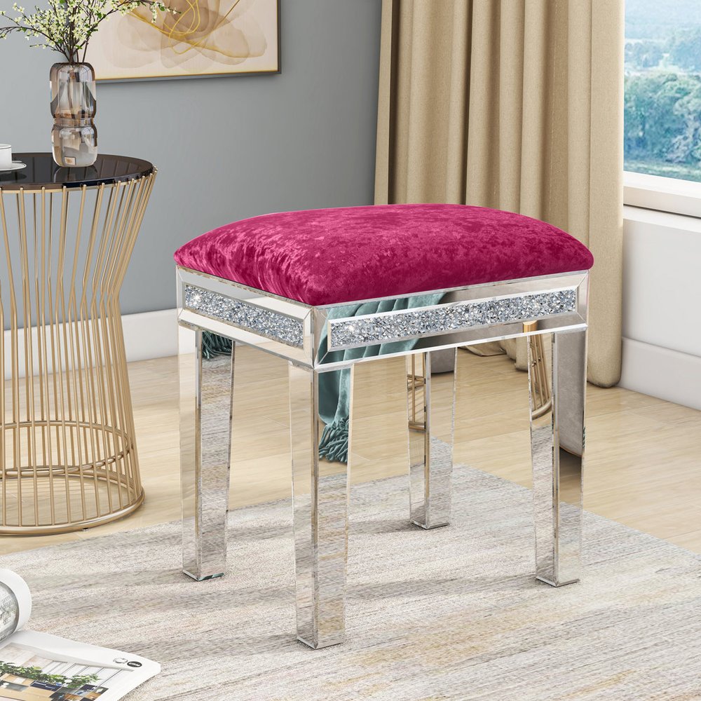 14" Pink and Silver Velvet Faux Crystal and Mirrored Glass Vanity Chair