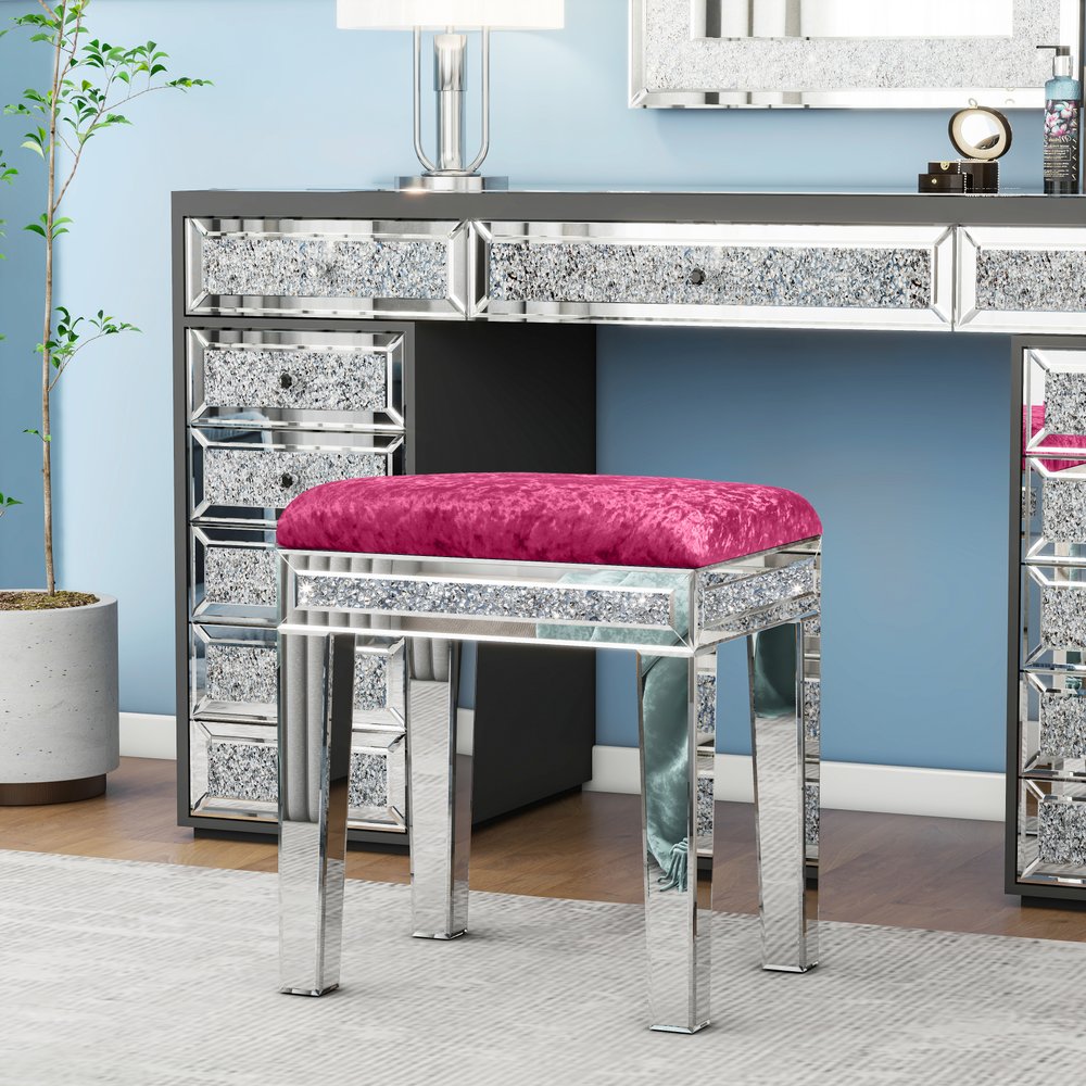 14" Pink and Silver Velvet Faux Crystal and Mirrored Glass Vanity Chair