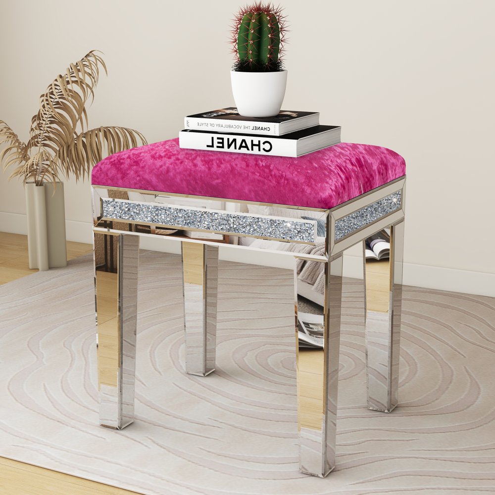 14" Pink and Silver Velvet Faux Crystal and Mirrored Glass Vanity Chair