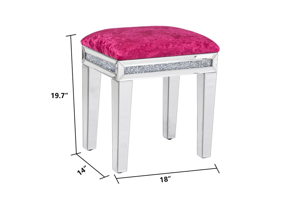 14" Pink and Silver Velvet Faux Crystal and Mirrored Glass Vanity Chair