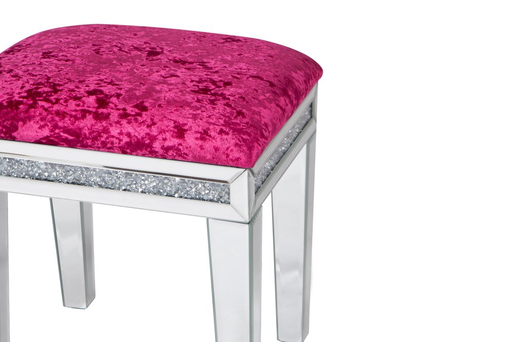 14" Pink and Silver Velvet Faux Crystal and Mirrored Glass Vanity Chair