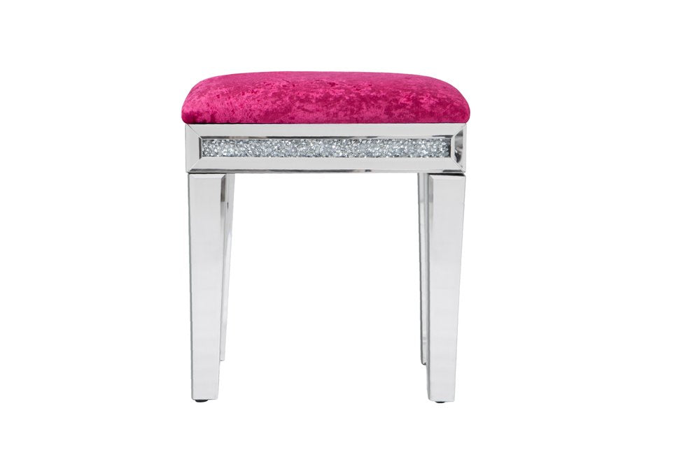 14" Pink and Silver Velvet Faux Crystal and Mirrored Glass Vanity Chair