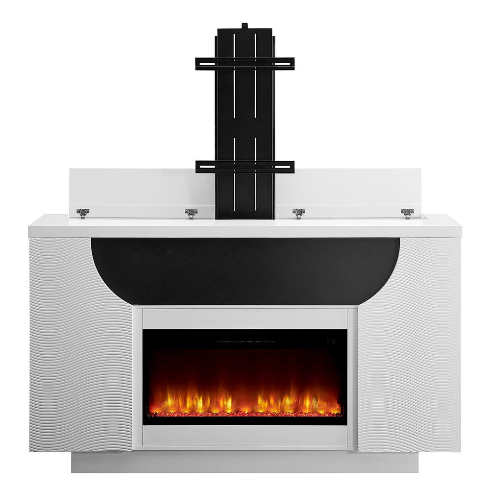 76" White Ribbed Wood Electric Storage Cabinet TV Fireplace With LED And Speaker