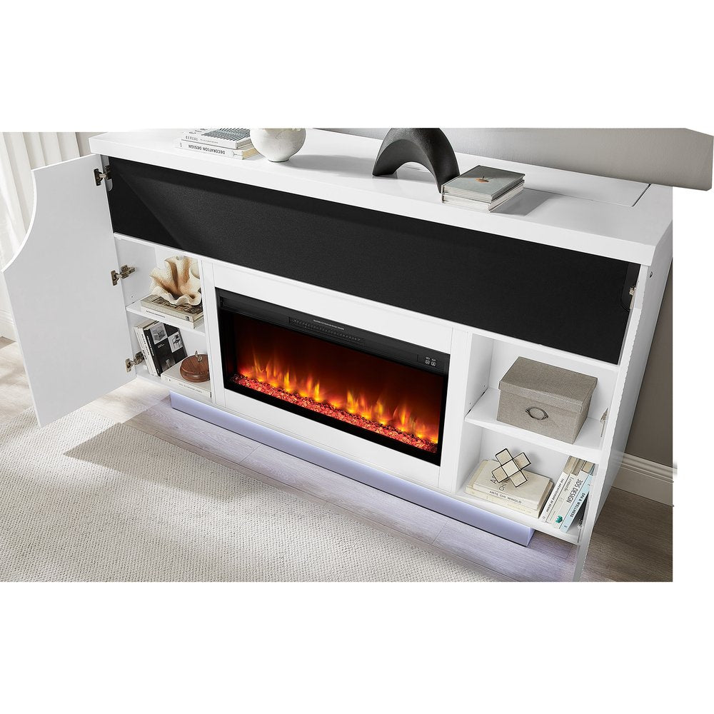 76" White Ribbed Wood Electric Storage Cabinet TV Fireplace With LED And Speaker