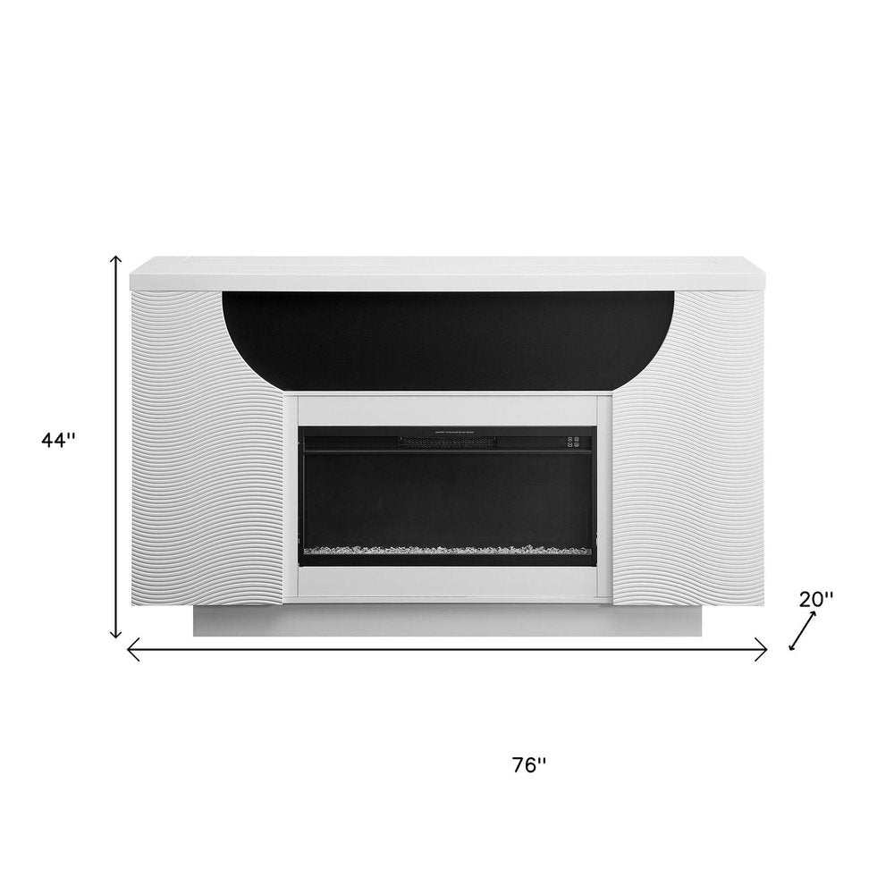 76" White Ribbed Wood Electric Storage Cabinet TV Fireplace With LED And Speaker