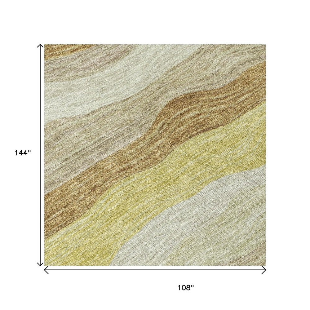 9' X 12' Wheat Khaki And Beige Striped Washable Indoor Outdoor Area Rug