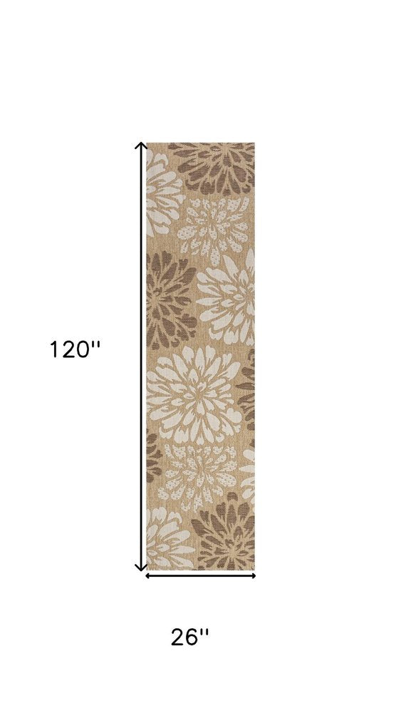 10' Brown And Cream Floral Indoor Outdoor Runner Rug