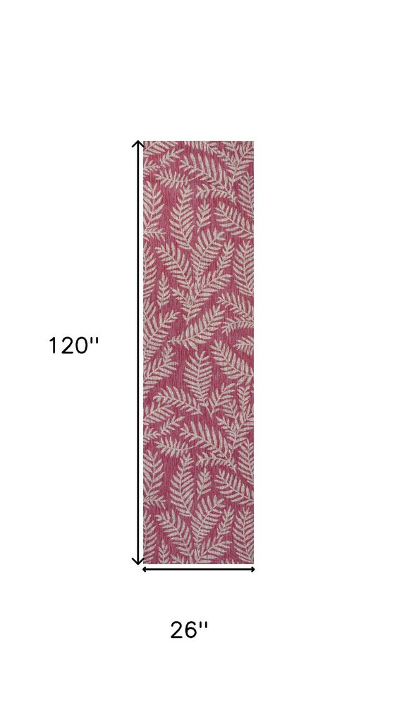 10' Fuchsia And Light Gray Floral Indoor Outdoor Runner Rug