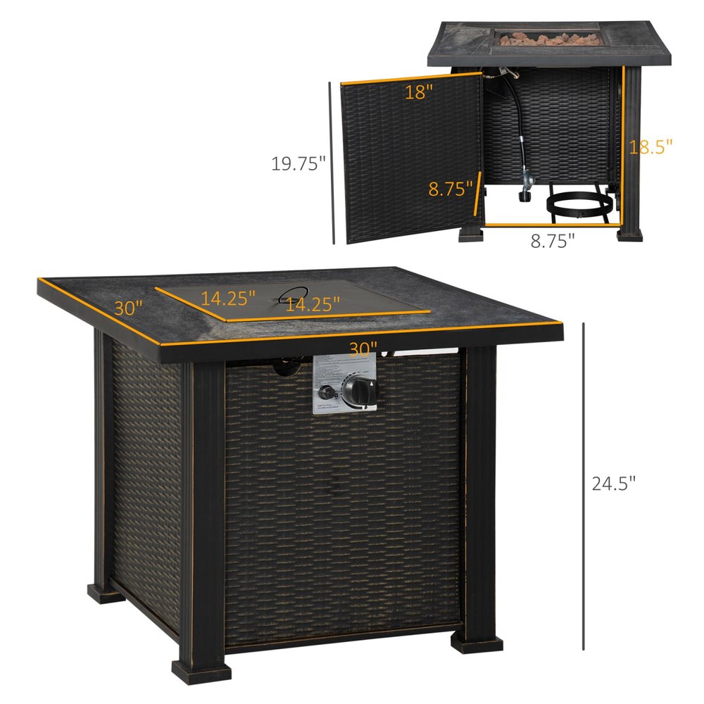 50000 BTU 30" Black Steel Propane Rectangular Fire Pit With Cover