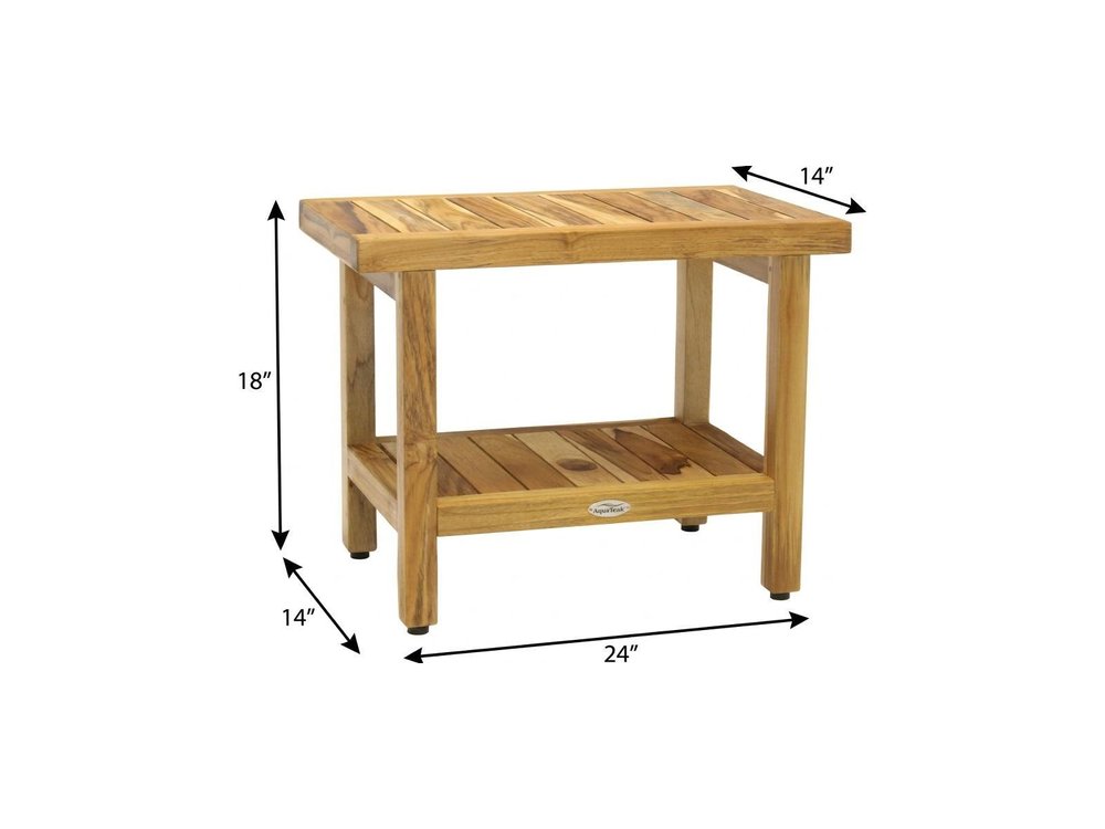 18" X 24" Brown Teak Rectangular Shower Bench With Shelf