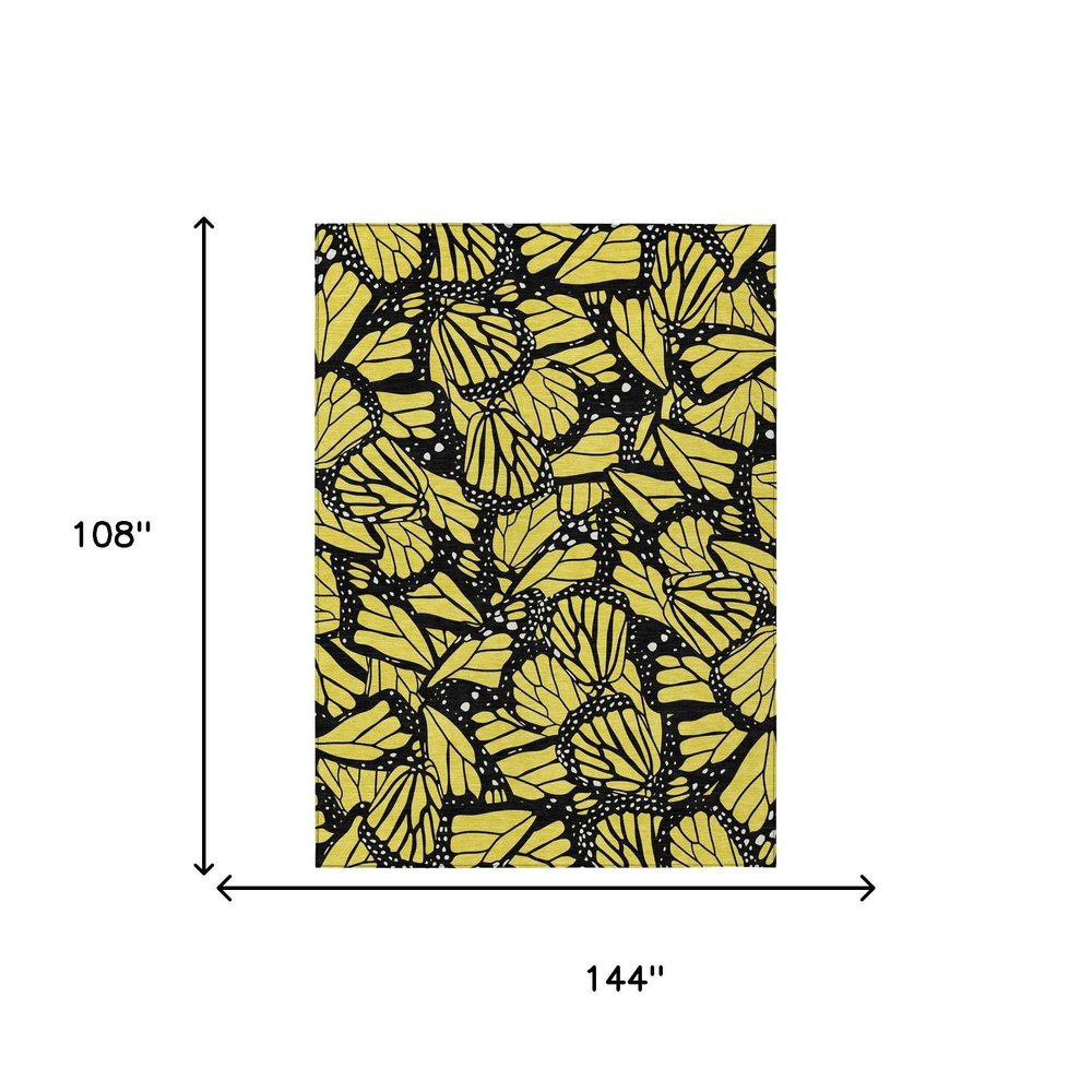 9' X 12' Yellow And Gold Animal Print Washable Indoor Outdoor Area Rug