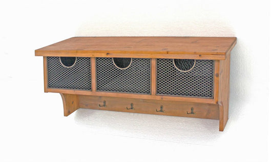 Estante de pared rústico de madera marrón con 3 cajones y ganchos
