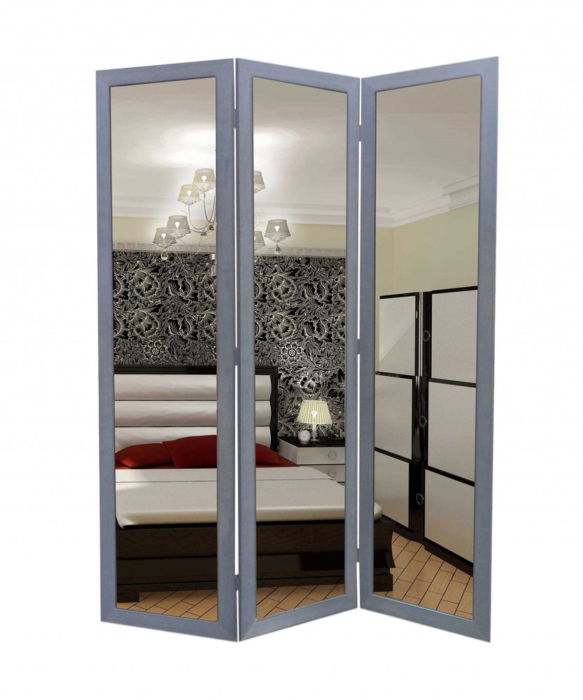 69" Black Wood and Mirrored Glass Folding Three Panel Screen Room Divider