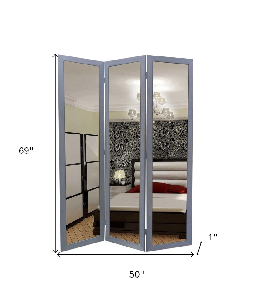 69" Black Wood and Mirrored Glass Folding Three Panel Screen Room Divider