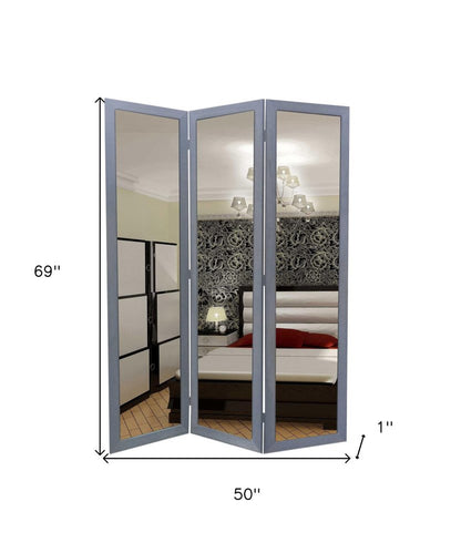 69" Black Wood and Mirrored Glass Folding Three Panel Screen Room Divider
