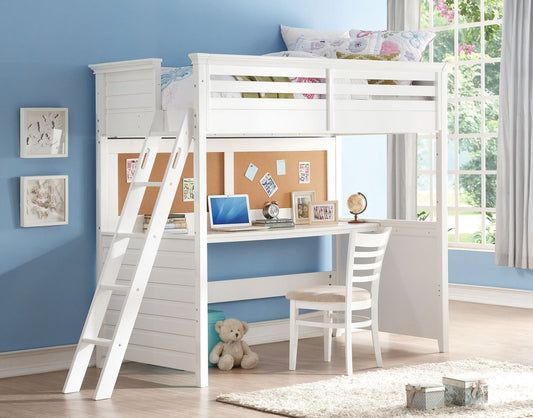Cama alta individual de madera de álamo blanco de 83" x 45" x 74" con escritorio