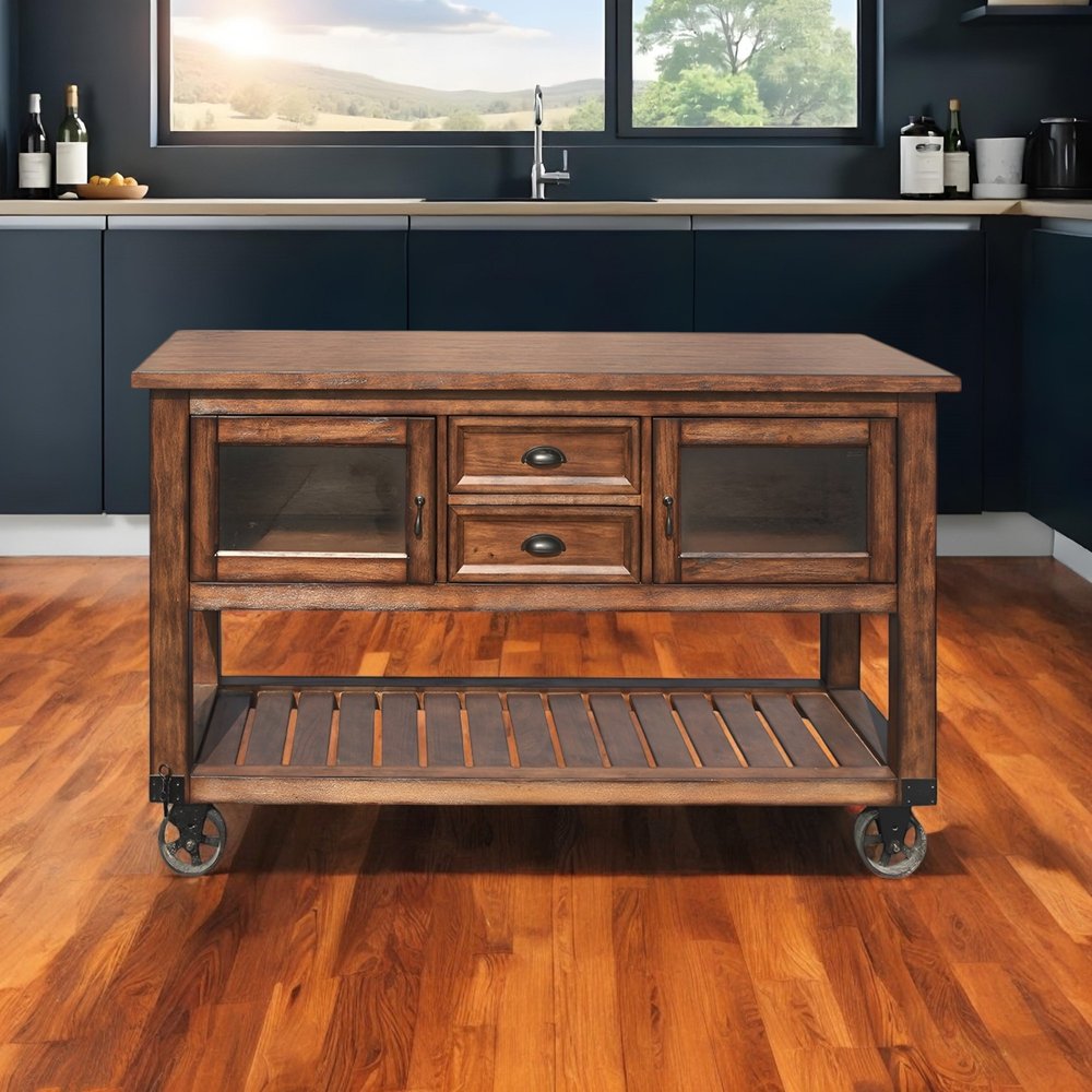 Carrito de cocina rústico marrón con ruedas de 58" y almacenamiento
