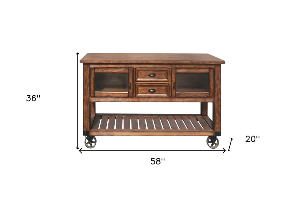 Carrito de cocina rústico marrón con ruedas de 58" y almacenamiento