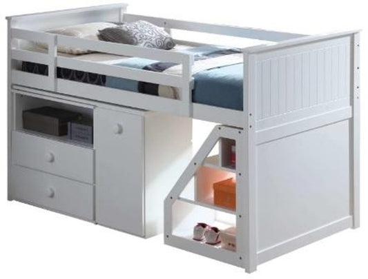 Cama alta blanca de 79" x 42" x 47" con cómoda y escritorio giratorio con escalera