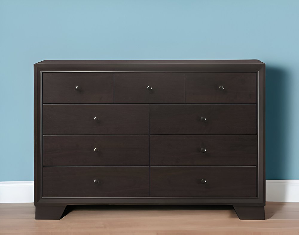 Cómoda doble de 57" de madera maciza y manufacturada color espresso con nueve cajones