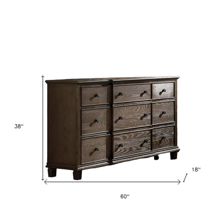 Cómoda doble de nueve cajones de madera maciza marrón oscuro de 60"