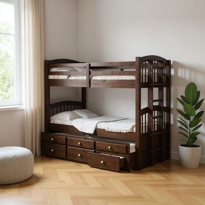 Litera Espresso Twin sobre Twin de madera maciza con cama nido y espacio de almacenamiento
