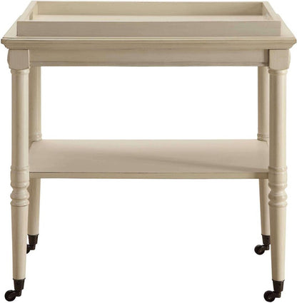 30" Antiqued White Wood Rolling Bar Cart