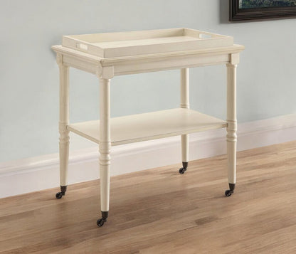 30" Antiqued White Wood Rolling Bar Cart
