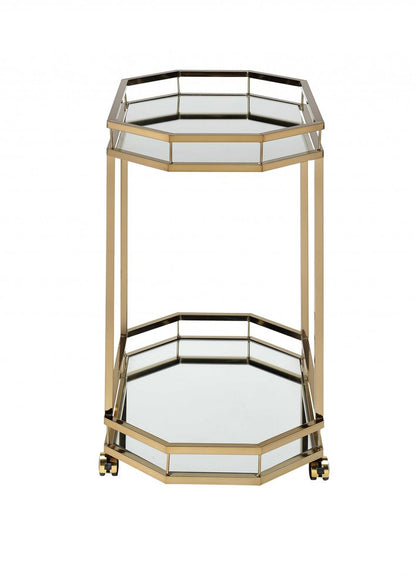 28" Champagne and Clear Glass and Iron Octagon Rolling Prep Table