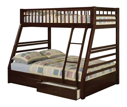 Litera Espresso de madera maciza con espacio de almacenamiento, dos camas individuales sobre una cama matrimonial