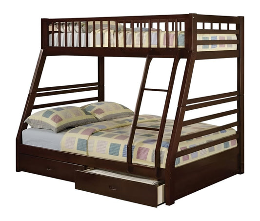 Litera Espresso de madera maciza con espacio de almacenamiento, dos camas individuales sobre una cama matrimonial