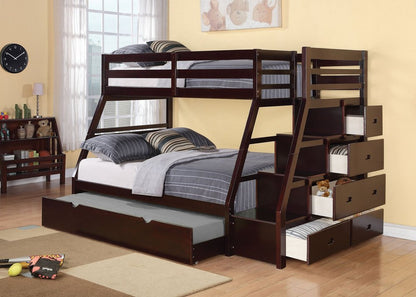 Litera Espresso de madera maciza con dos camas individuales sobre una cama matrimonial, cama nido y espacio de almacenamiento